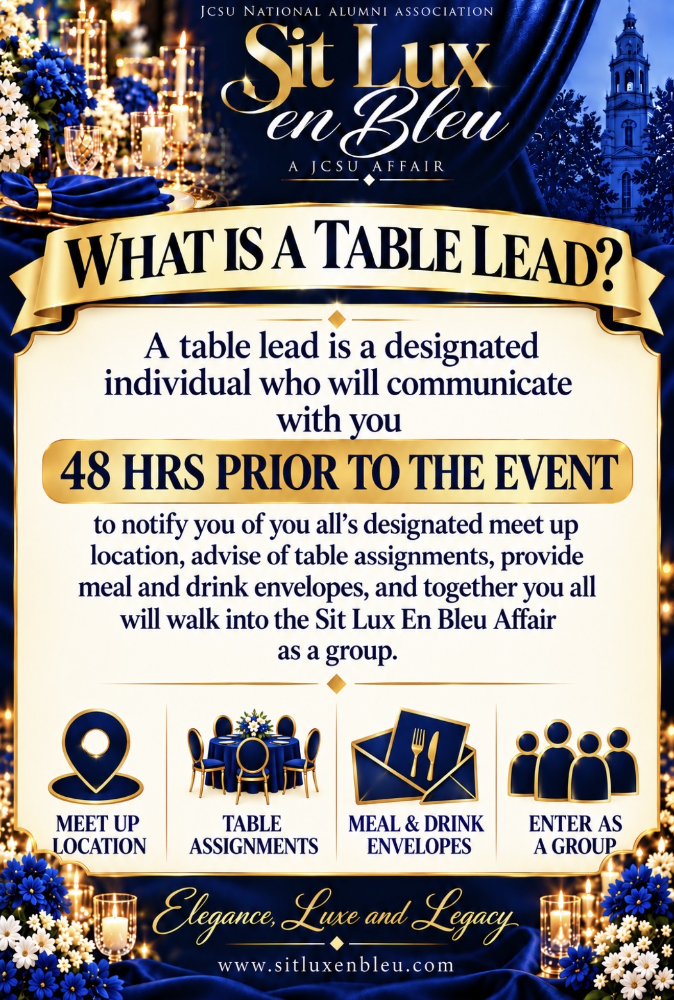 What is a Table Lead? Your table lead contacts you 48 hours before the event with meet-up location, table assignments, and meal and drink envelopes